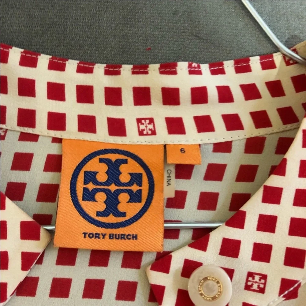 Tory Burch Cream Blouse with Red Grid Print